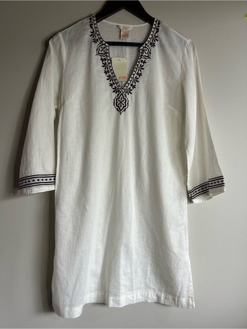 Joe Fresh Cotton Linen Blend Embroidered Tunic Dress White Black NWT XS Boho